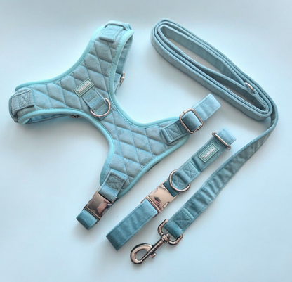 Aqua/Mint Quilted Velvet Full Set - COLLAR LEAD AND HARNESS FOR THE SMALLER BREEDS