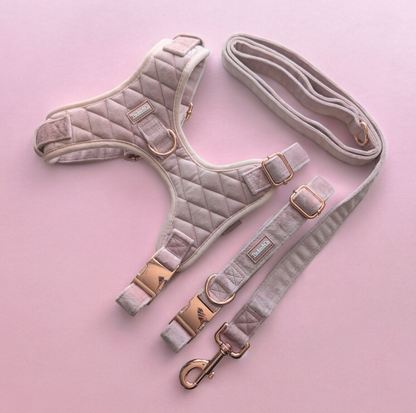 Pink and Rose Gold Quilted Velvet Full Set - COLLAR LEAD AND HARNESS FOR THE SMALLER BREEDS