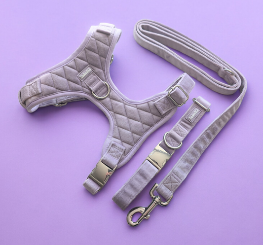 Lilac Quilted Velvet Full Set - COLLAR LEAD AND HARNESS FOR THE SMALLER BREEDS